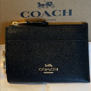 Coach Black Pebbled Leather Zip Card Case with Gold Hardware